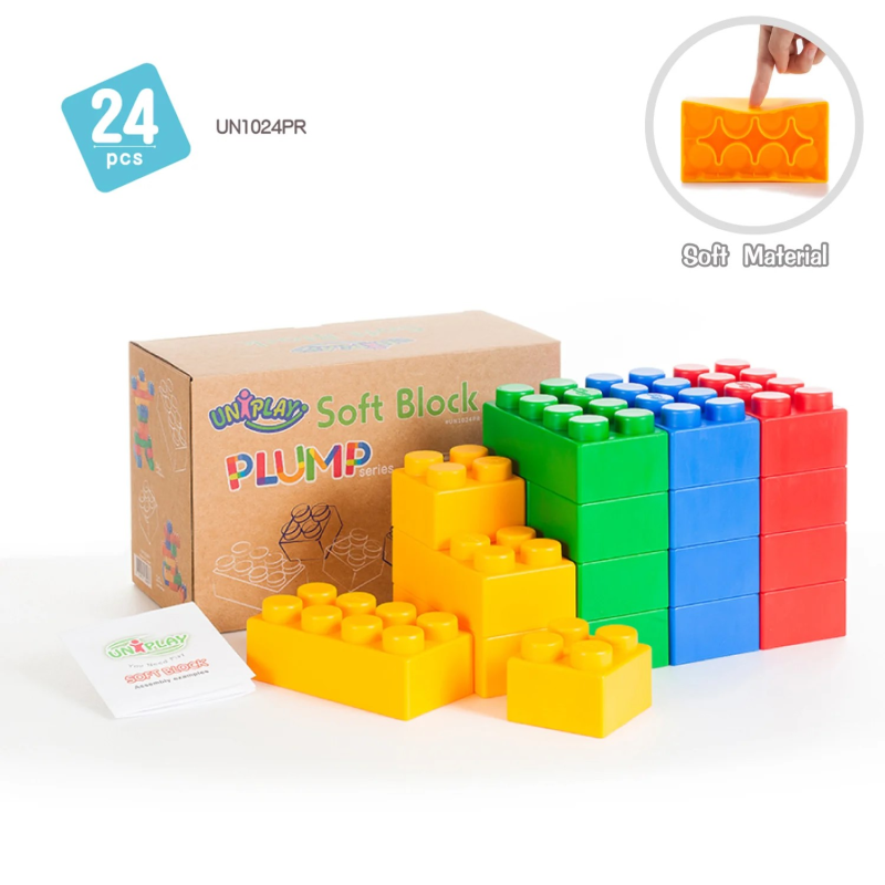 Découvrez les blocs de construction Uniplay souples et antibactériens en couleurs primaires. Découvrez les blocs de construction Uniplay souples et antibactériens en couleurs primaires.